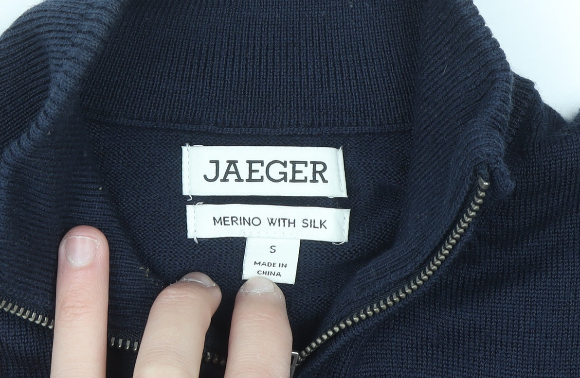 Jaeger Men's Blue Merino Wool Silk Half Zip High Neck Jumper Size S