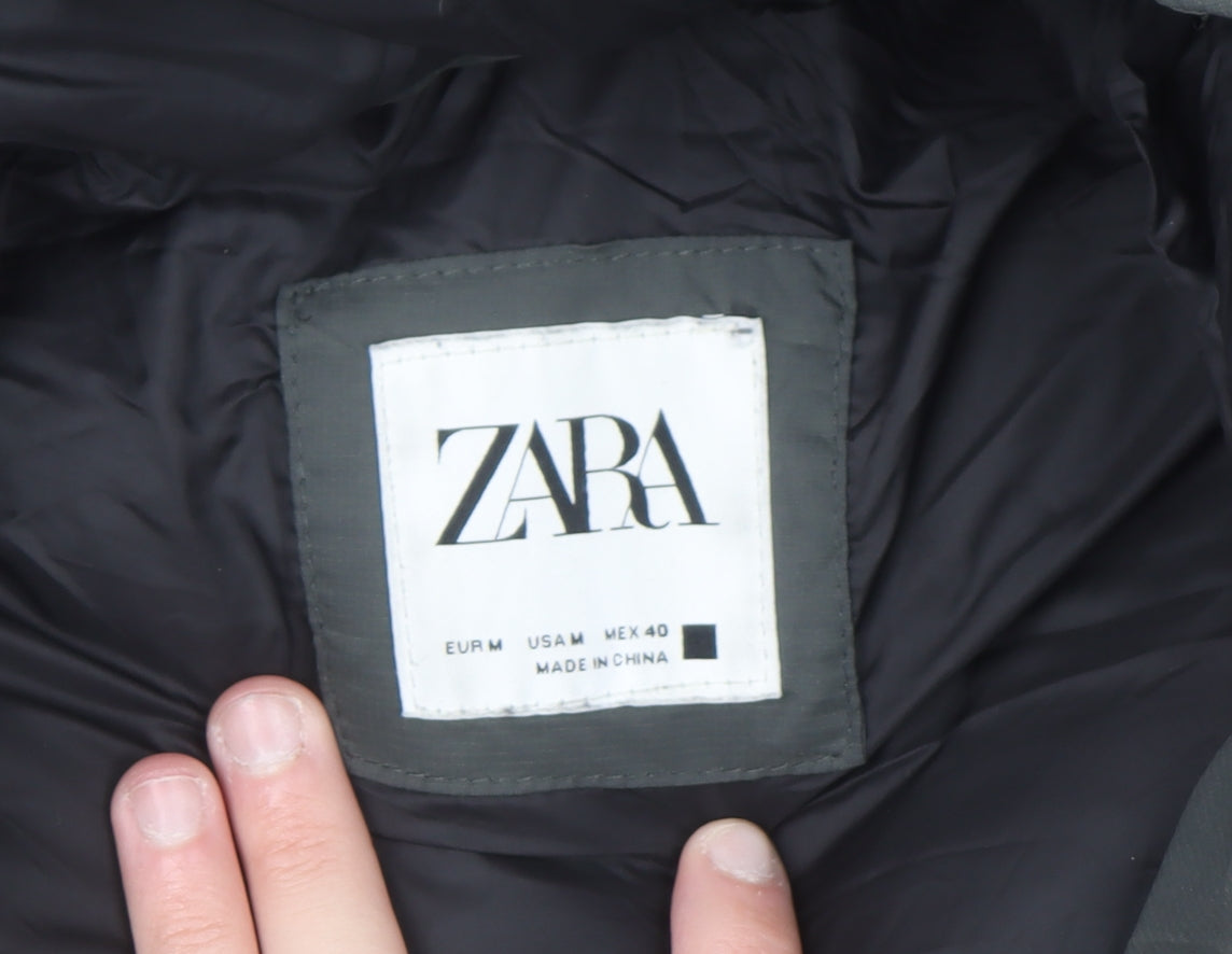 ZARA Mens Green Hooded Puffer Jacket Size M Regular Fit