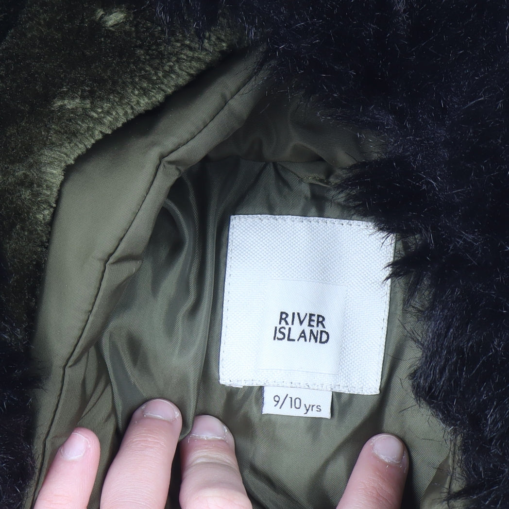 River Island Girls Green Faux Fur Hooded Puffer Coat 9-10 Years Winter Jacket
