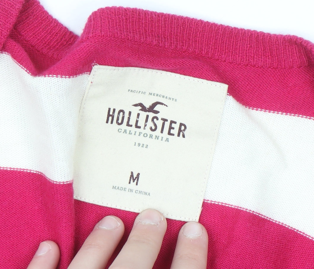 Hollister Women Pink Stripe Long Sleeve Cardigan M Classic Knit
