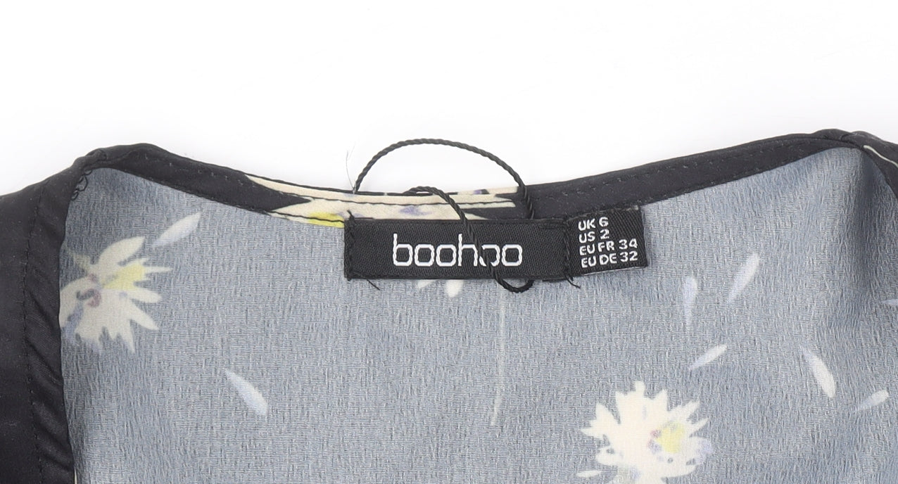 Boohoo Women’s Black Floral Wrap Tie Blouse Top Size 6 Short Sleeve