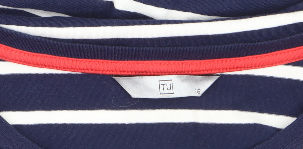 TU Women Blue Striped 3/4 Sleeve Cotton Pullover Jumper Size 16
