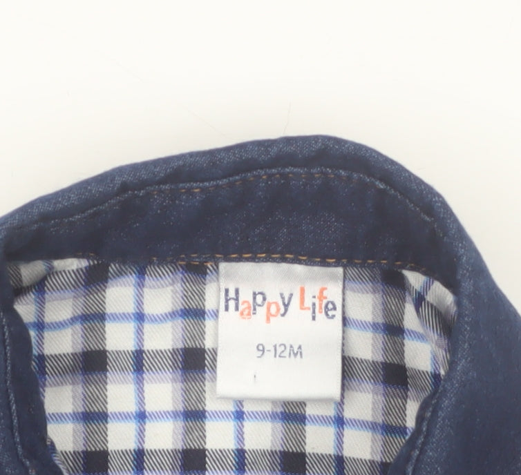 Happy Life Boys Blue Check Button-Up Long Sleeve Cotton Shirt 9-12 Months