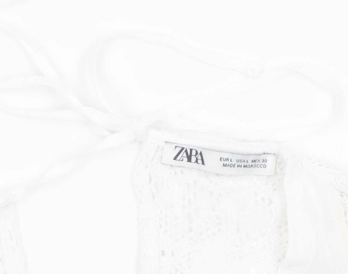 Zara Women's White Lace Tunic Blouse L Boho Crochet Summer Top
