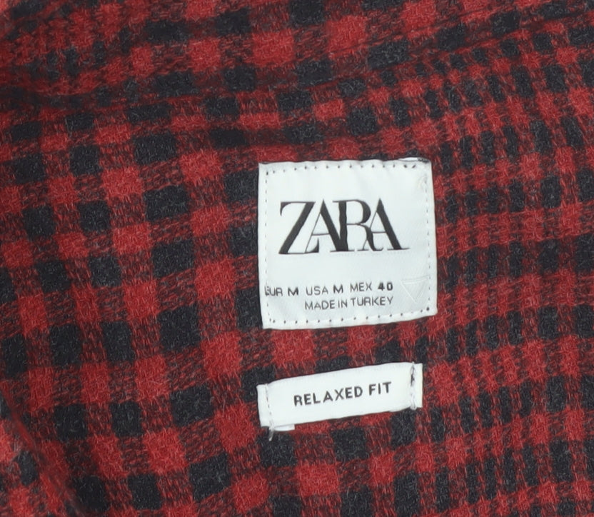 ZARA Men's Red Check Long Sleeve Relaxed Fit Button-Up Shirt Size M