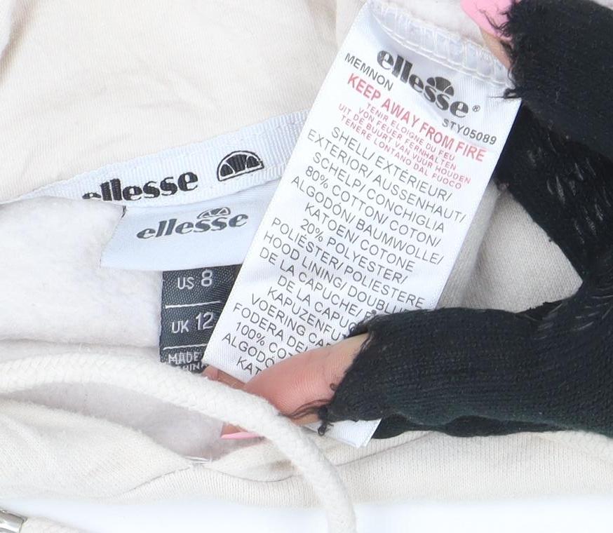 Ellesse Women Beige Pullover Hoodie UK 12 Logo Print Cotton Blend