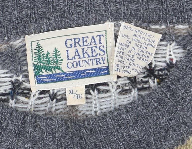 Great Lakes Country Men's Grey XL Geometric Wool Blend Retro Jumper