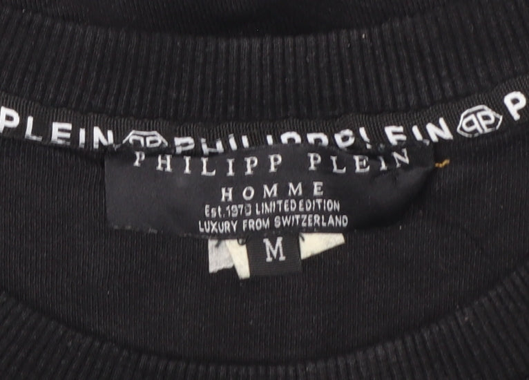 Philipp Plein Men's Black M Pullover Sweatshirt with Logo and Zip Accents