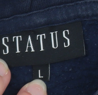 Status Men's Blue Pullover Hoodie L Fleece Graphic Logo Hooded Top