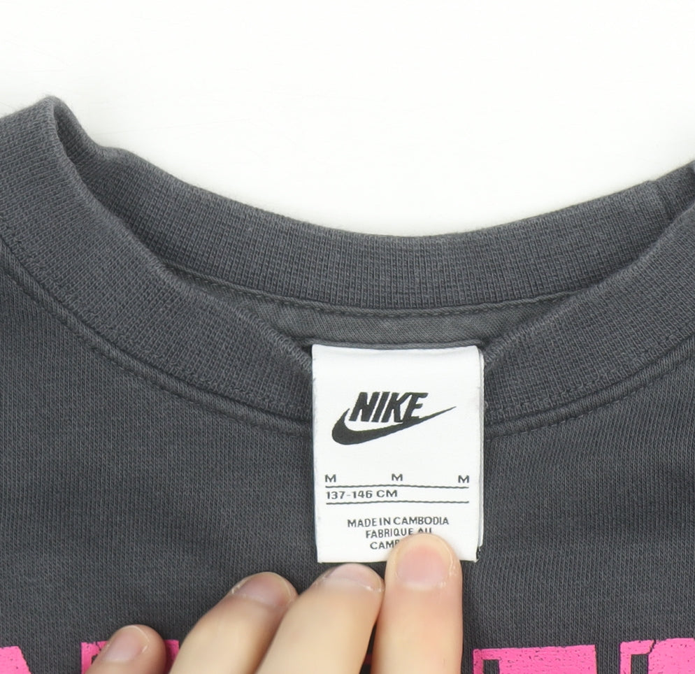 Nike Womens Grey Pink Logo Crew Neck Pullover Sweatshirt M