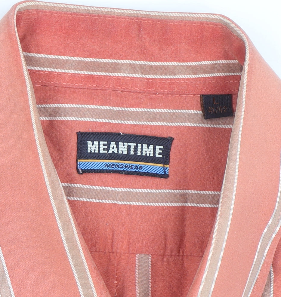 Meantime Mens Orange Striped Short Sleeve Cotton Button-Up Shirt L