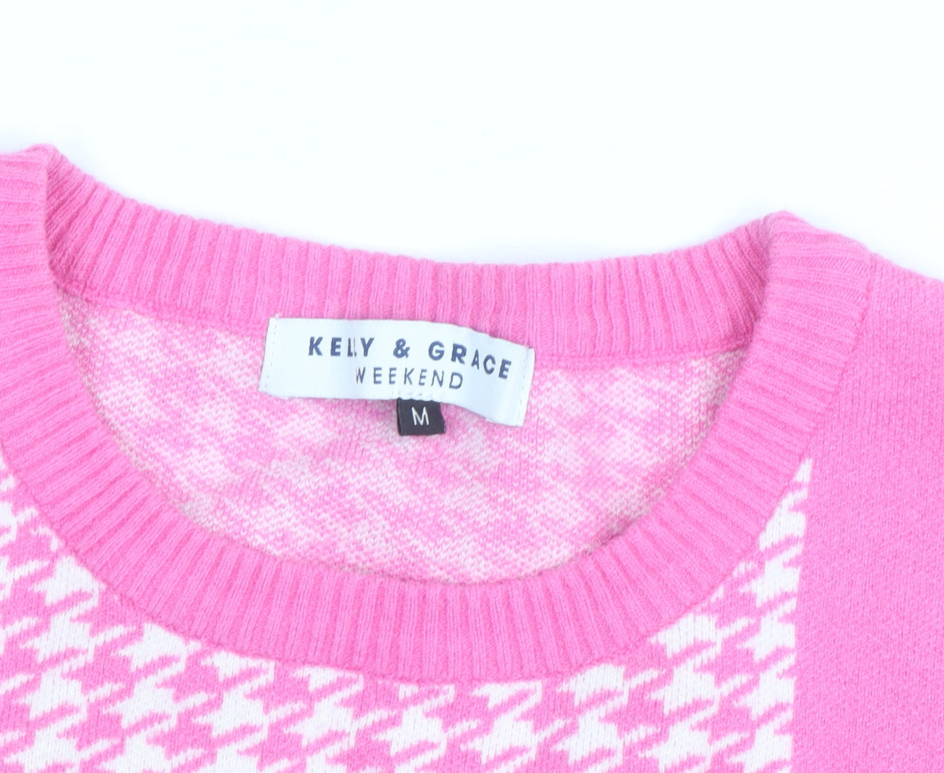 Kelly & Grace Women Pink Check Crew Neck Knit Jumper Size M