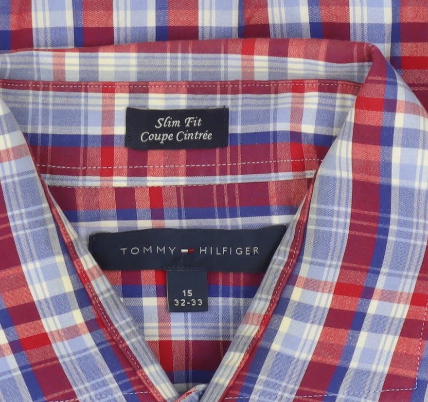 Tommy Hilfiger Men's Red Blue Checked Slim Fit Long Sleeve Shirt 15
