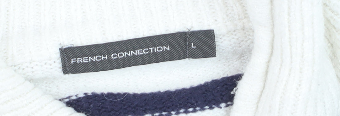 French Connection Women's White Striped 1/2 Zip High Neck Jumper Size L