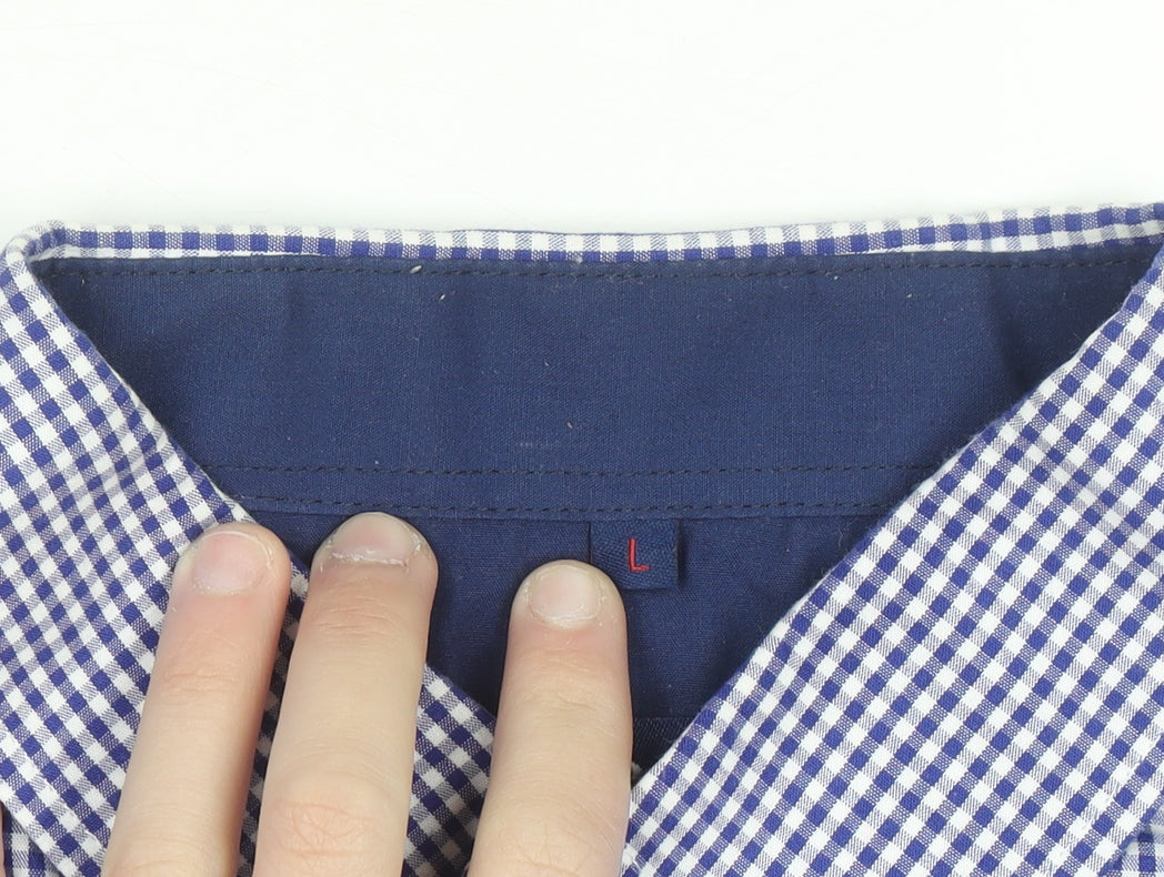 J&J Men's Blue Check Button-Down Short Sleeve Cotton Shirt L