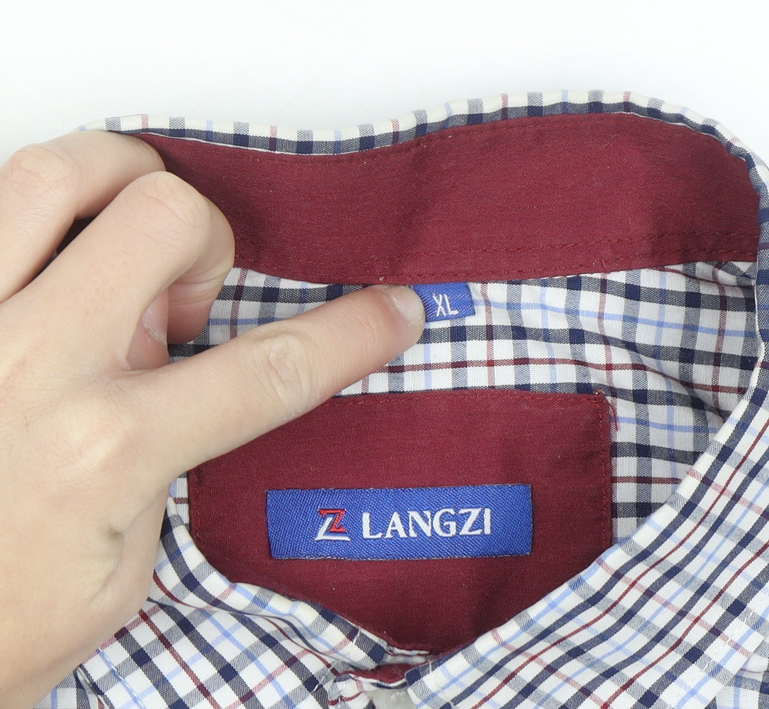 LANGZI Men Blue Check Button-Down Short Sleeve Cotton Shirt XL