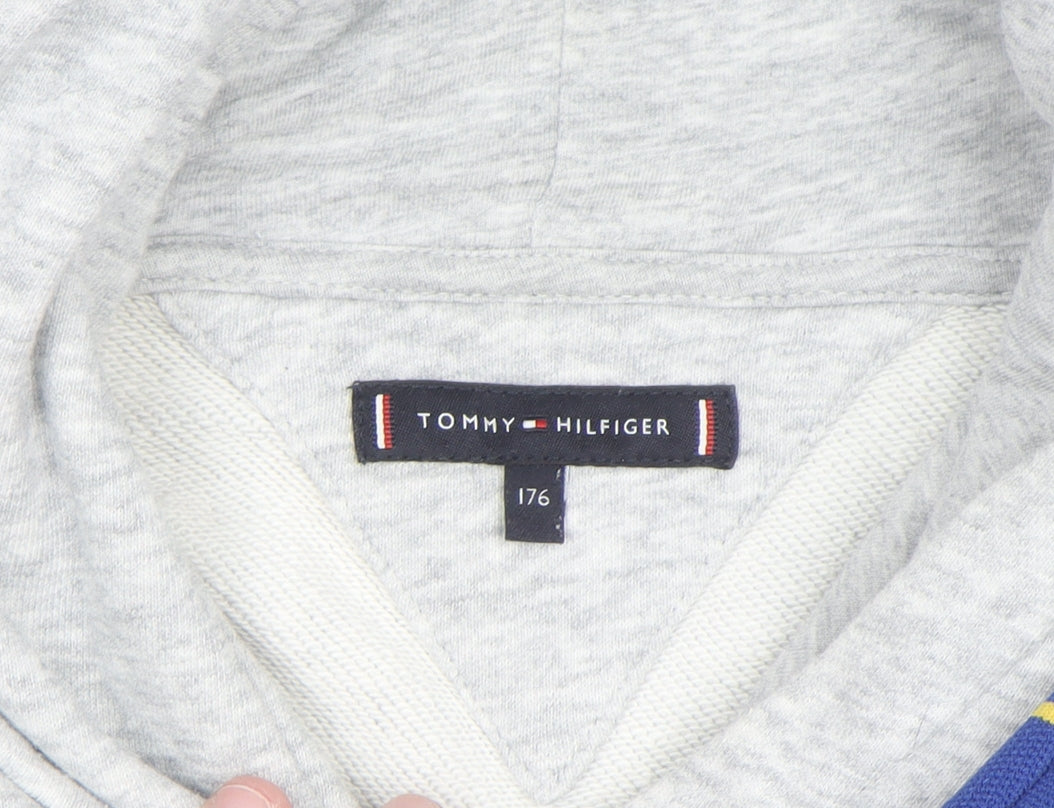 Tommy Hilfiger Boys Grey Pullover Hoodie Size 176 Cotton Blend Logo