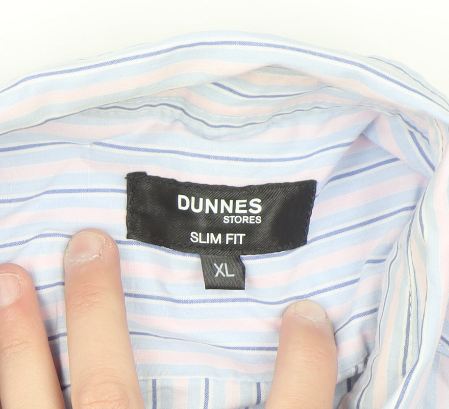 Dunnes Men's Blue Striped Slim Fit Short Sleeve Button-Up Shirt XL