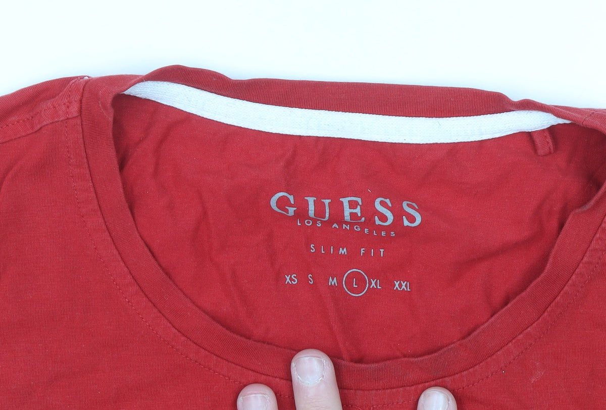 Guess Men's Red Logo Slim Fit Crew Neck T-Shirt Size L