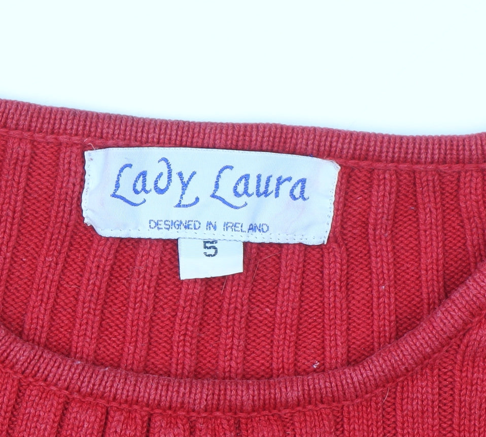 Lady Laura Womens Red Cotton Rib Knit Crew Neck Jumper Size 12