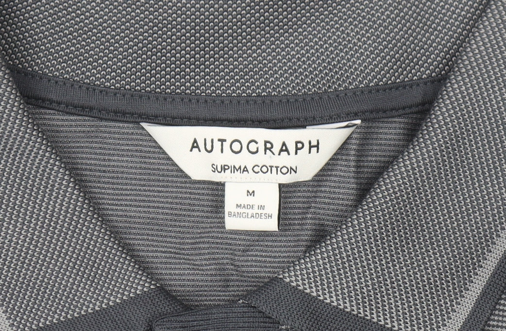 Marks and Spencer Men's Grey Striped Cotton Polo Shirt M