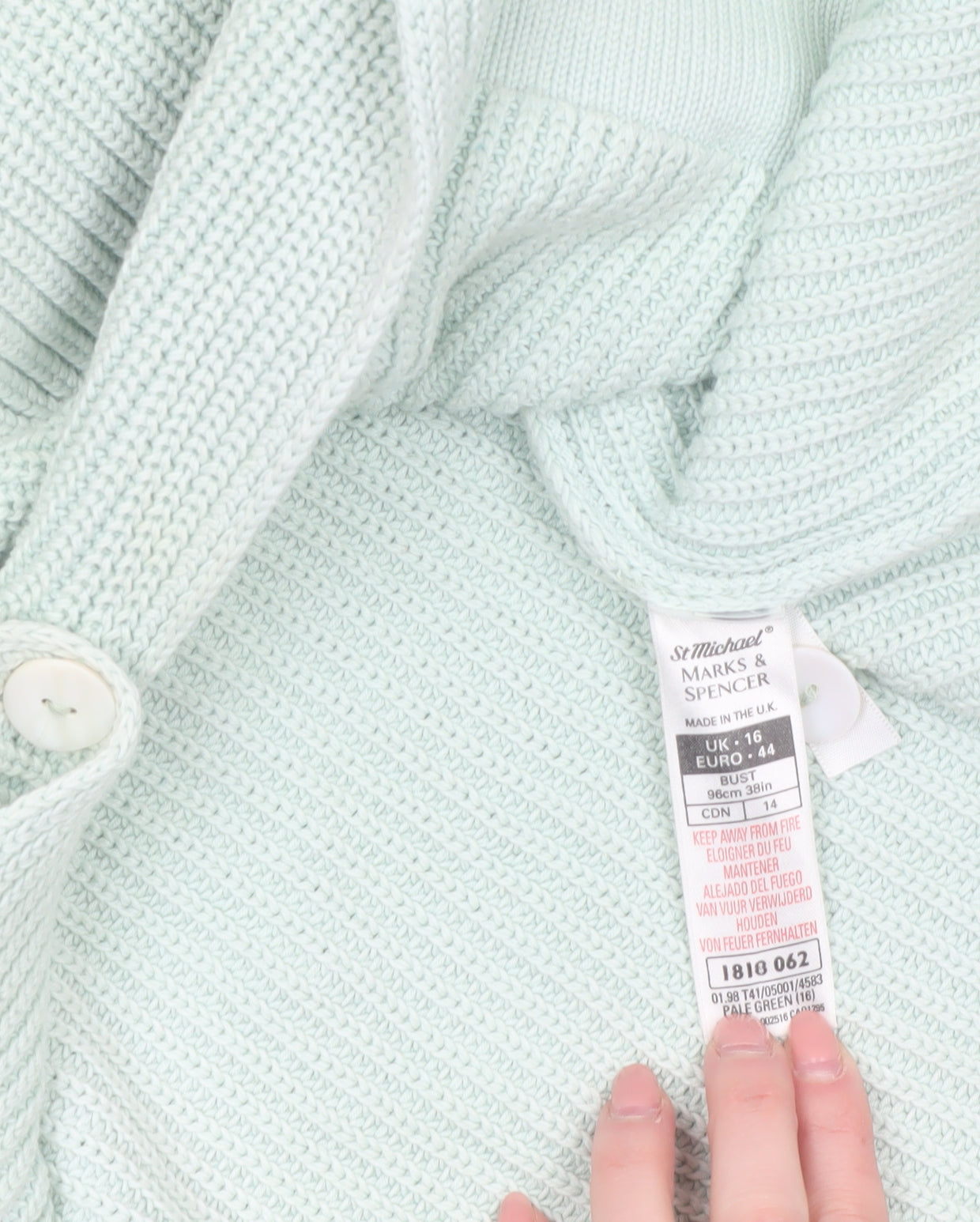 Marks & Spencer Women’s Pale Green Cotton V-Neck Long Sleeve Cardigan Size 16