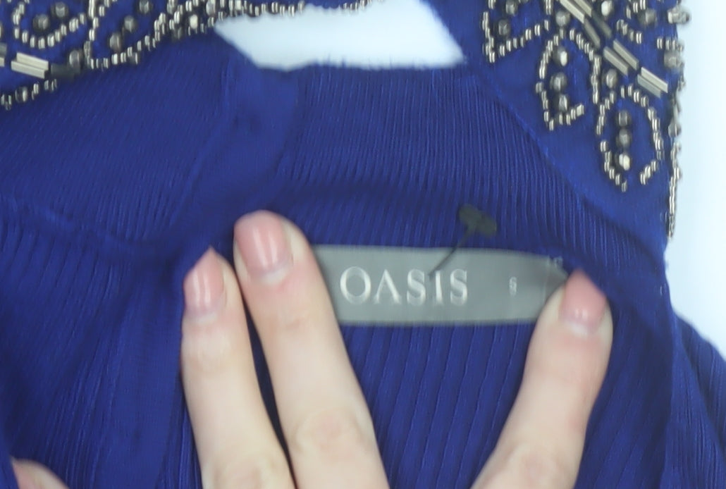 Oasis Women's Blue Beaded Collar V-Neck Slim Fit Jumper Size S