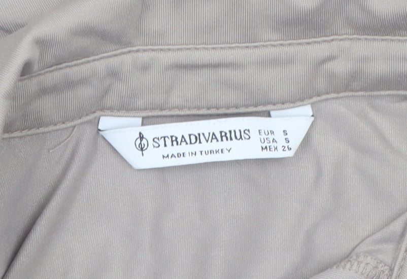 Stradivarius Women Beige Cropped Collared Long Sleeve Blouse Size 8