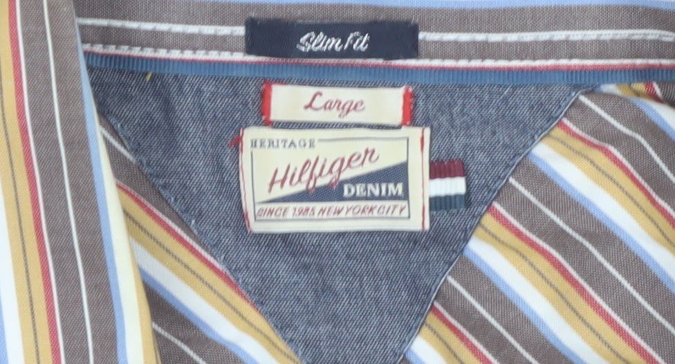 Tommy Hilfiger Men's Multicoloured Slim Fit Striped Button-Up Shirt L
