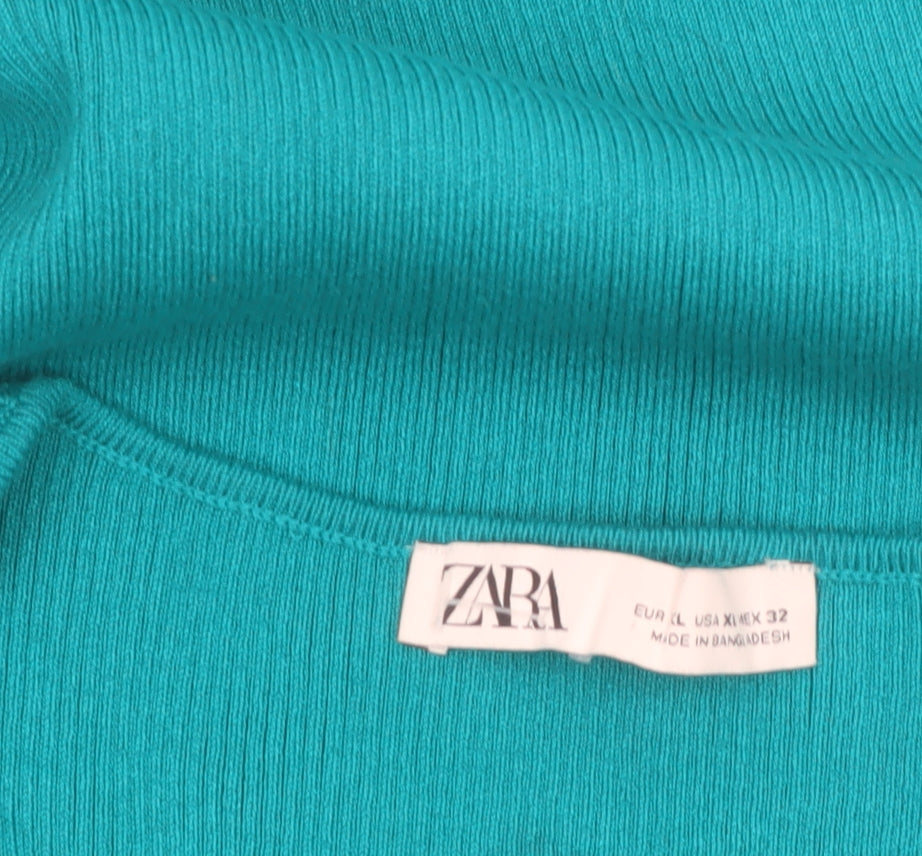 Zara Women Green Knit Bodycon Midi Dress L Long Sleeve