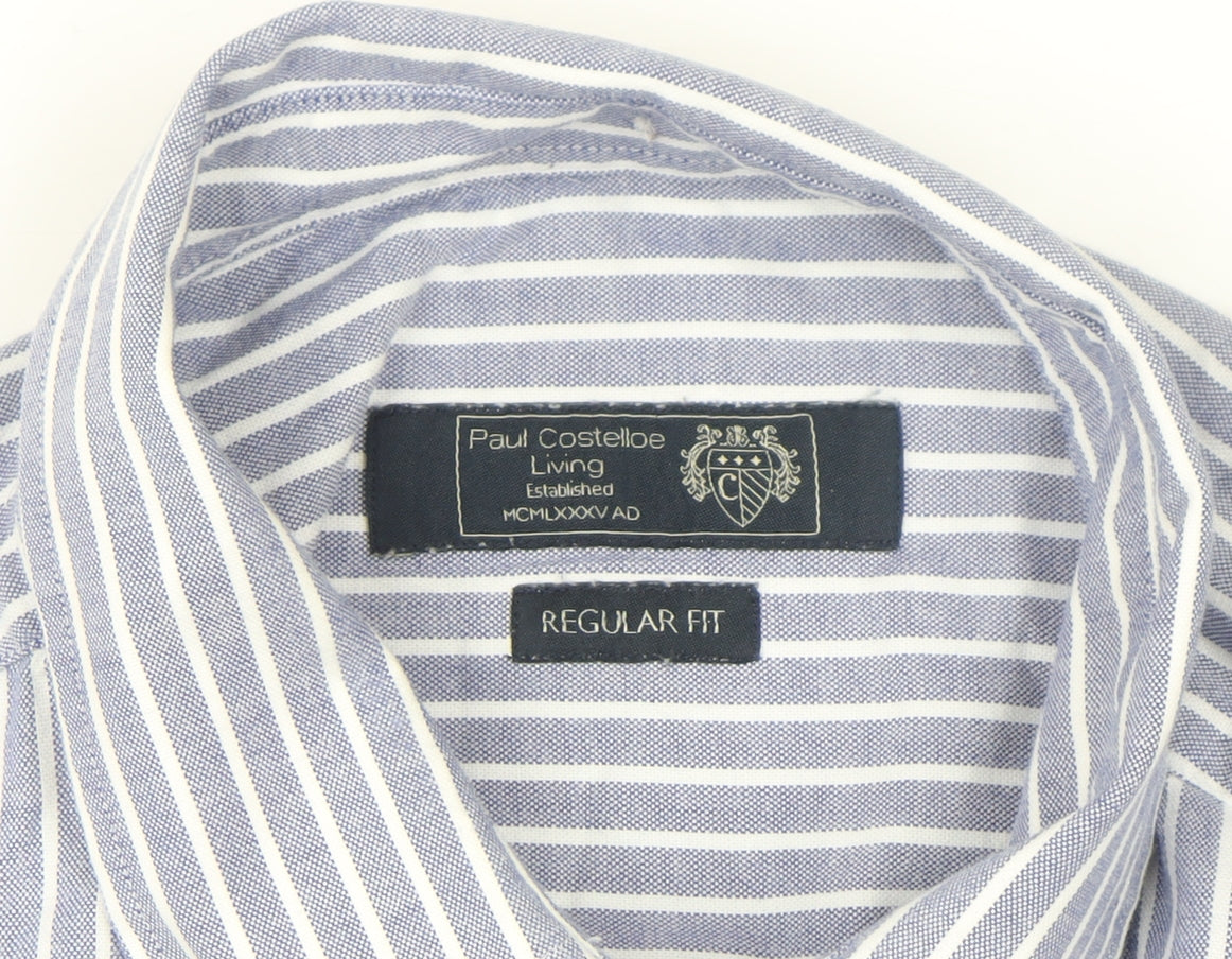 Paul Costelloe Men’s Blue Striped Regular Fit Long Sleeve Button-Up Shirt Medium