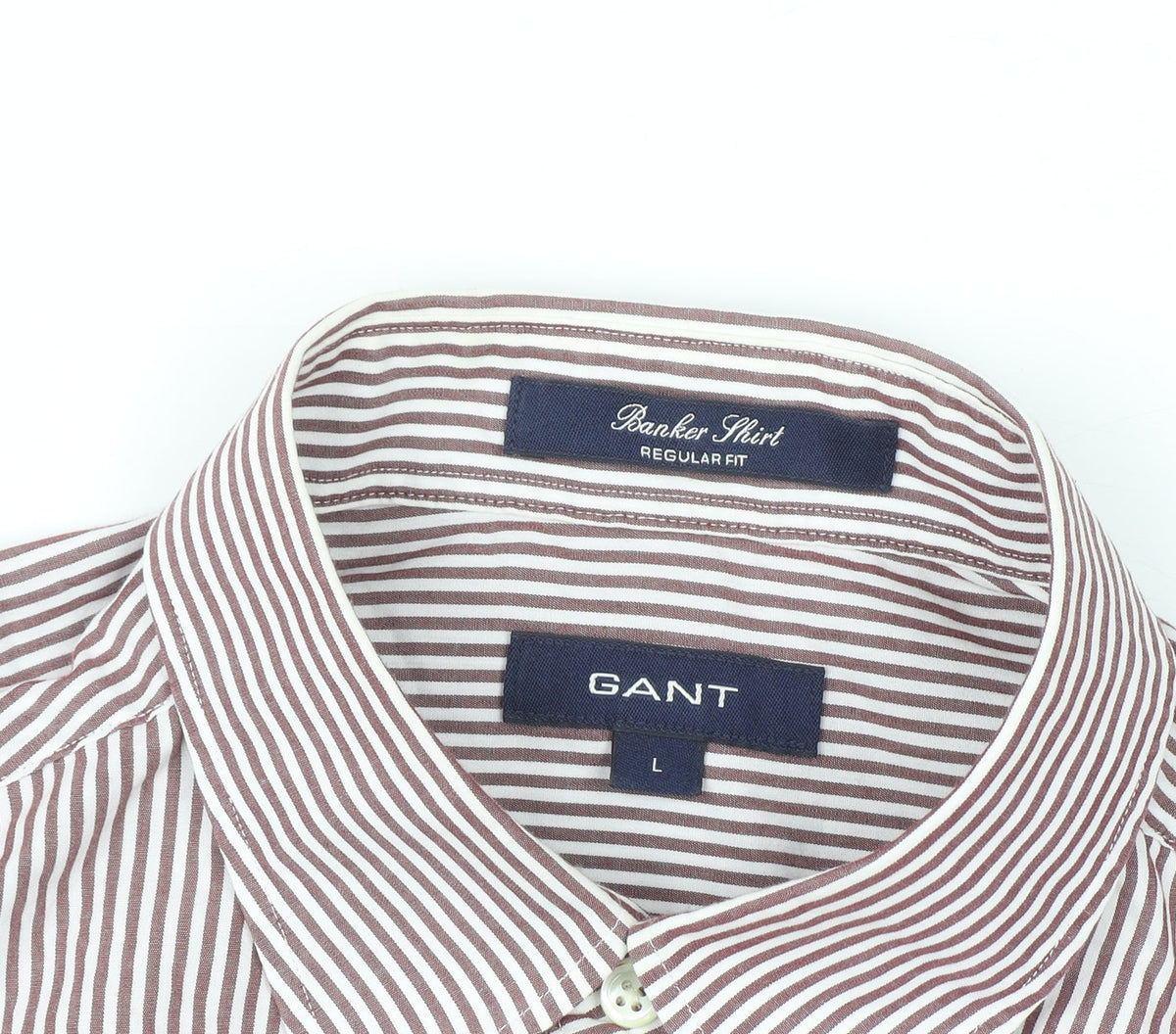 GANT Men's Brown Striped Button-Down Long Sleeve Regular Fit Shirt L