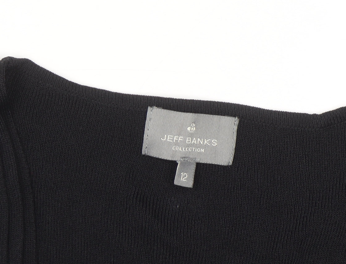 Jeff Banks Women Black Size 12 V-Neck Tunic Jumper with Buckle Detail