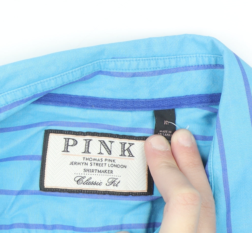 Thomas Pink Men's Blue Striped Classic Fit Cotton Long Sleeve Shirt M