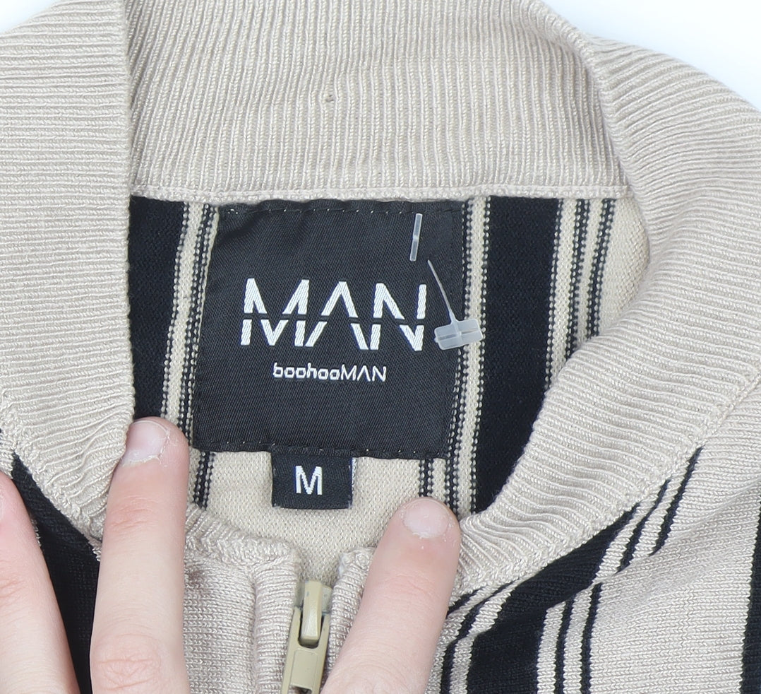 boohooMAN Men's Beige Striped Full Zip Jumper Size M Classic Knitwear