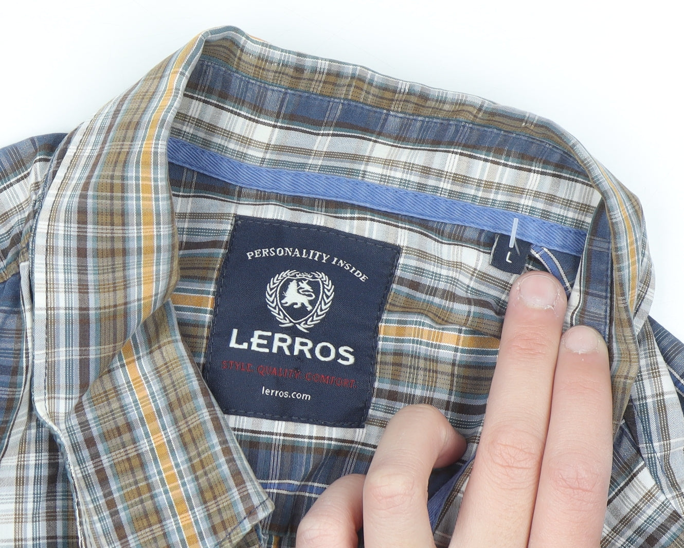 Lerros Men's Blue Check Long Sleeve Cotton Button-Up Shirt Size L