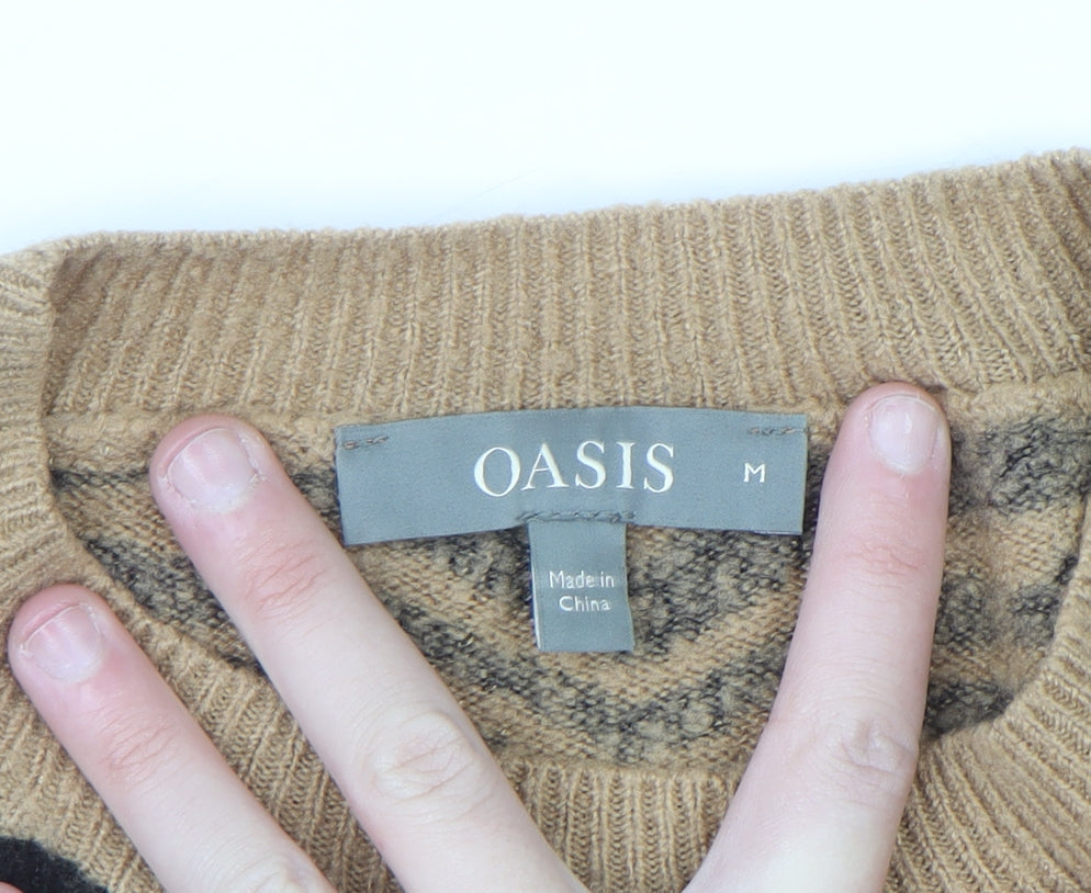 Oasis Women Brown Animal Print Crew Neck Pullover Jumper M