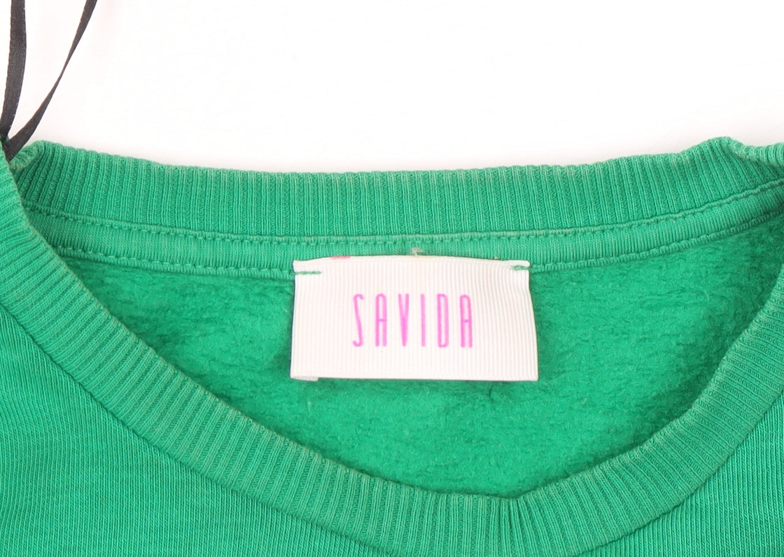 Savida Women Green Floral Embroidered Pullover Sweatshirt Size S