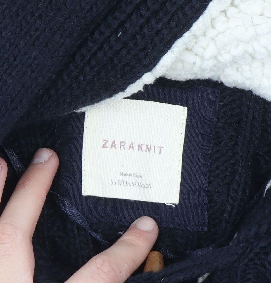Zara Knit Women's Navy Hooded Cable-Knit Cardigan Size S Toggle Wool Blend