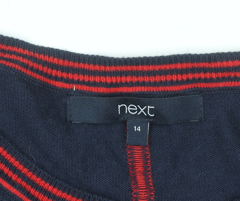 Next Womens Blue Check Long Sleeve Cotton Blend Pullover Jumper Size 14