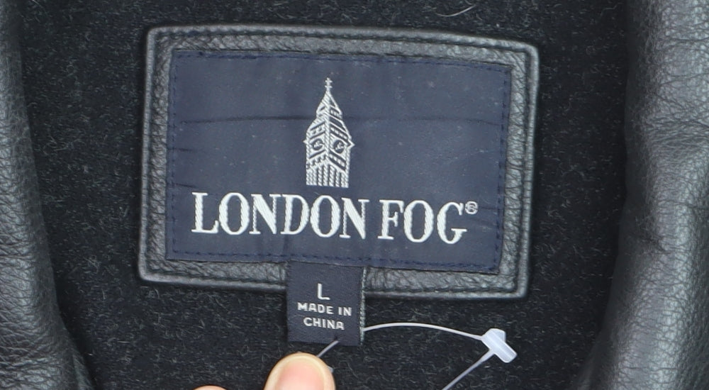 London Fog Men's Black Leather Overcoat L Lined Button-Up Jacket