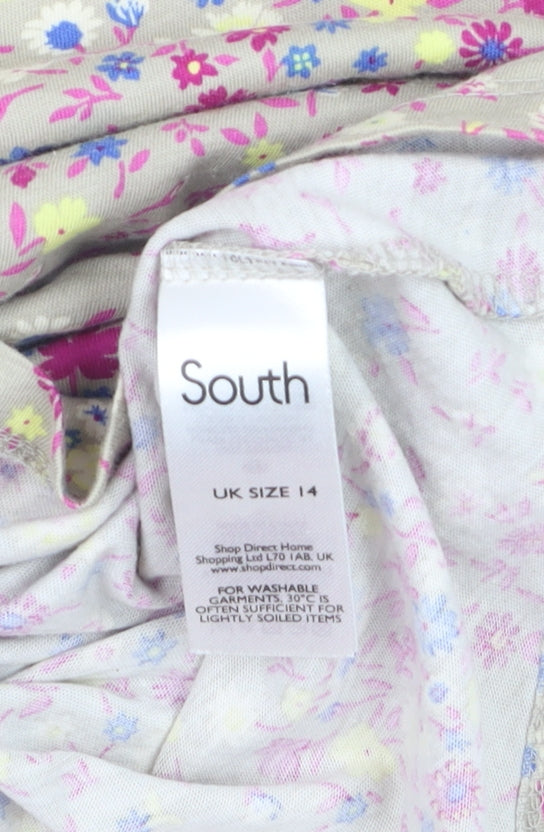 South Womens Beige Floral V-Neck Sleeveless Cotton Blouse Size 14