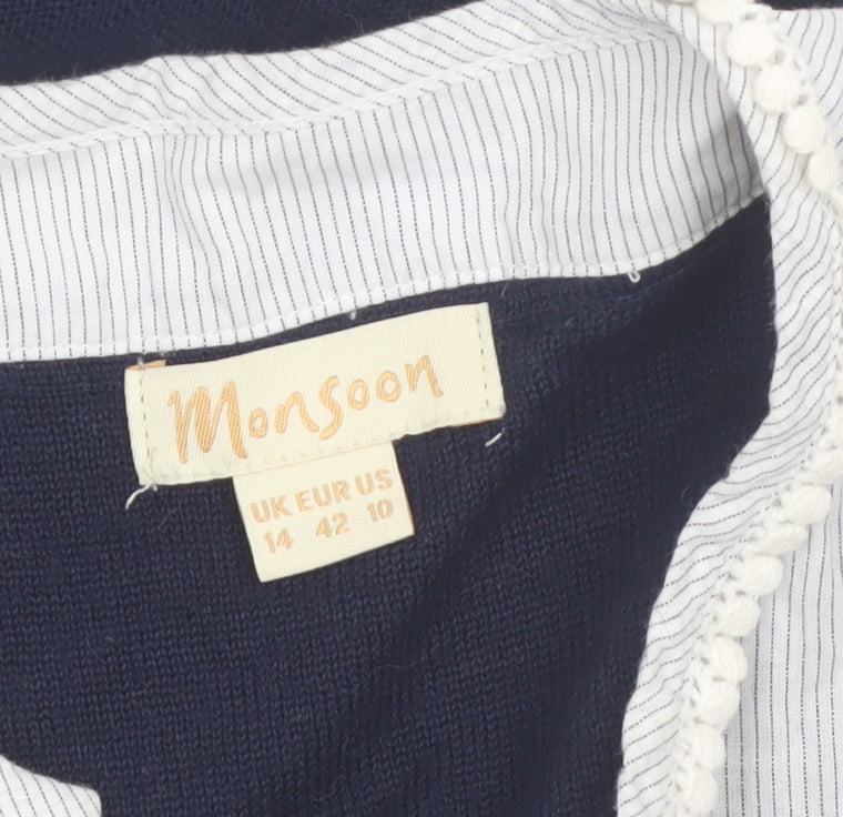 Monsoon Women’s Blue Knit Pullover Jumper Size 14 with Ruffle Neckline