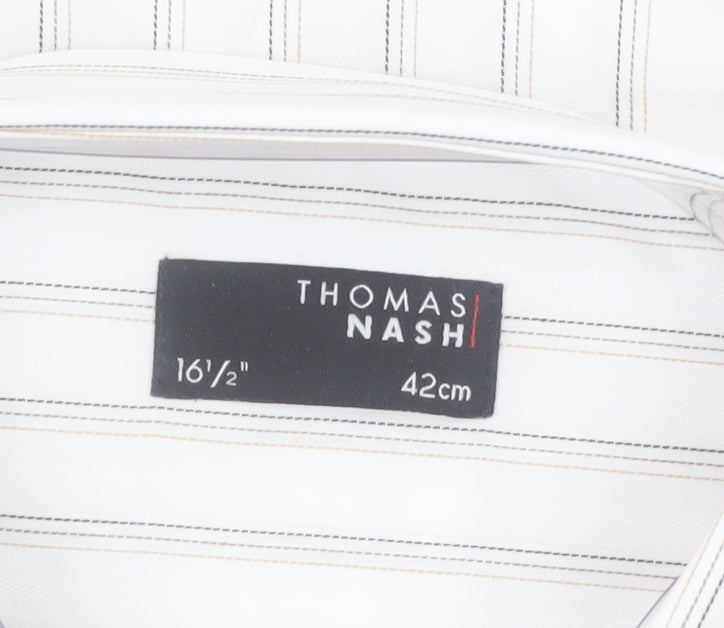 Thomas Nash Men's White Striped Long Sleeve Button-Up Shirt 16.5in Regular Fit