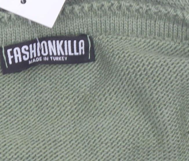 Fashionkilla Women Green V-Neck Long Sleeve Ruched Tunic Jumper Size 12