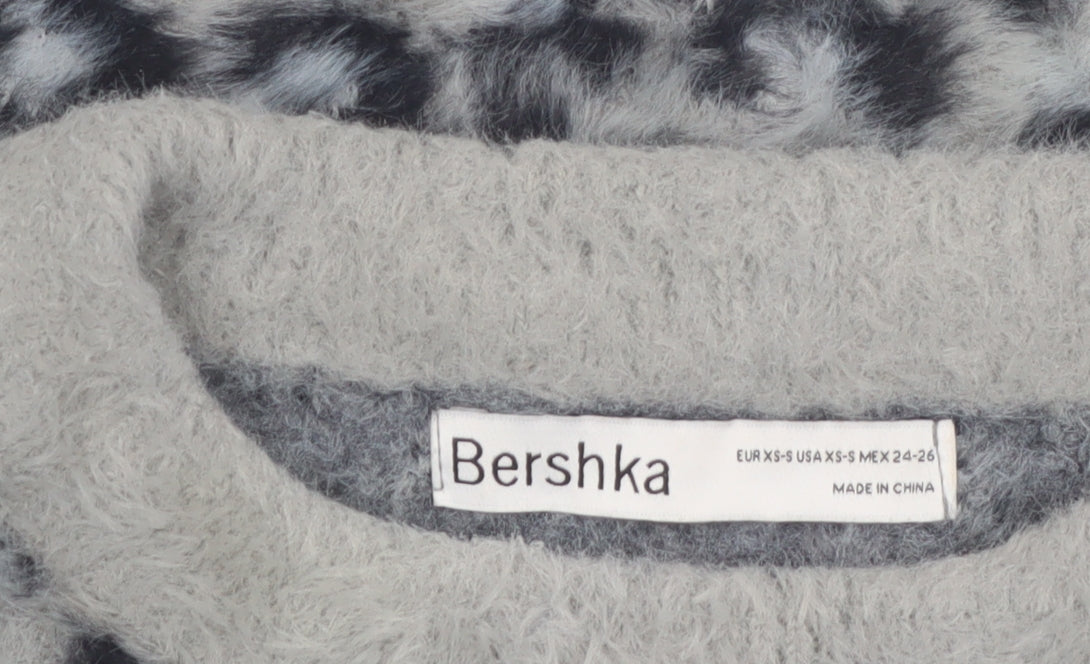 Bershka Women's Grey Animal Print Long Sleeve Pullover Jumper XS