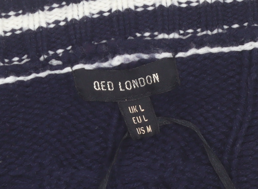 QED London Women's Blue Cable-Knit V-Neck Cardigan L