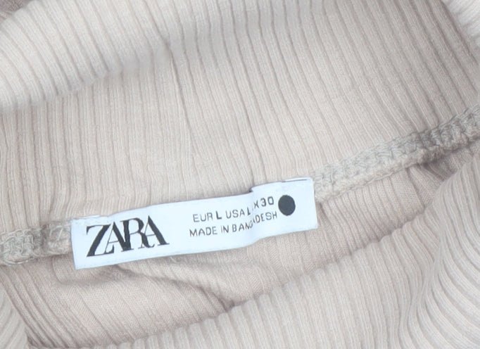 ZARA Women Beige Roll Neck Ribbed Short Sleeve Knit Top Size L
