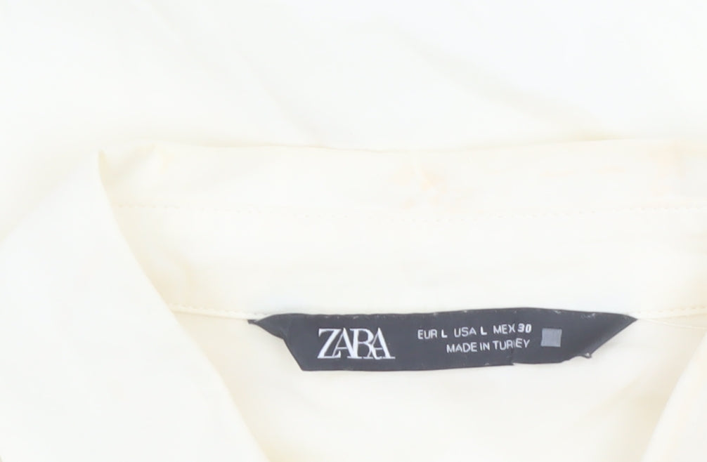 Zara Women Ivory Cotton Button-Up Shirt Size 14 Puff Sleeve