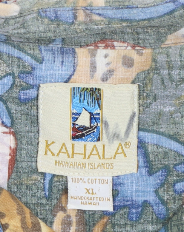 Kahala Men's Green Hawaiian Cotton XL Short Sleeve Button-Up Shirt